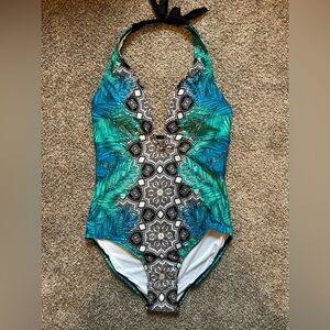 Laundry by design NWT Tropical Blue and Green open back One Piece Swimsuit